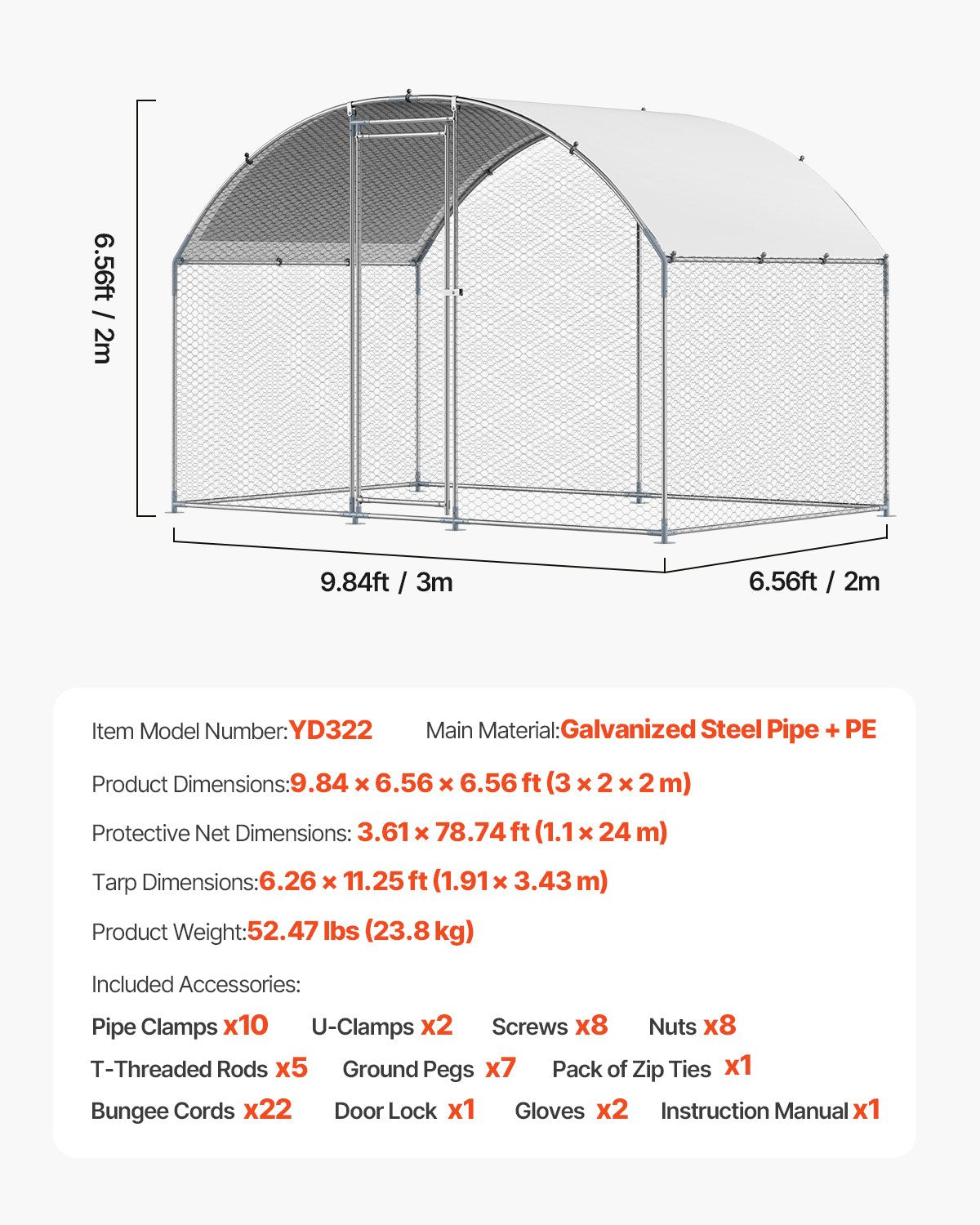 Metal Chicken Coop, 9.8x6.5x6.5ft Large Walk-in Chicken Runs with Cover, Doom Roof Hen House Enclosure with Security Lock, Outdoor Duck Rabbit Cage Poultry Pen for Backyard, Farm, Yard - Image 7
