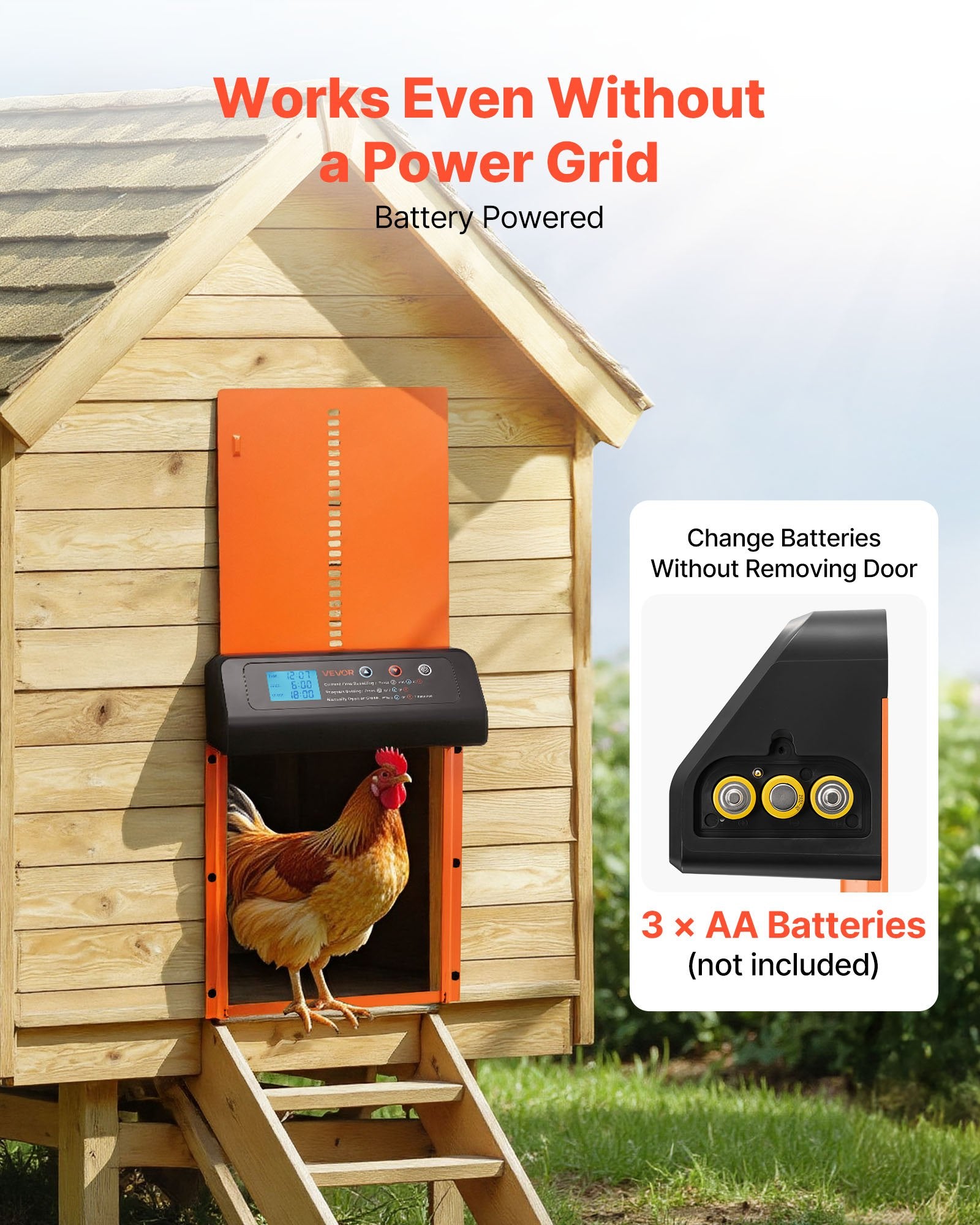 Automatic Chicken Coop Door, Battery Powered Chicken Coop Door with Timer & Manual Setting, Anti-Pinch Security, Durable Aluminum Alloy, Chick Run Gate Opener with Waterproof Sealing, Orange - Image 5