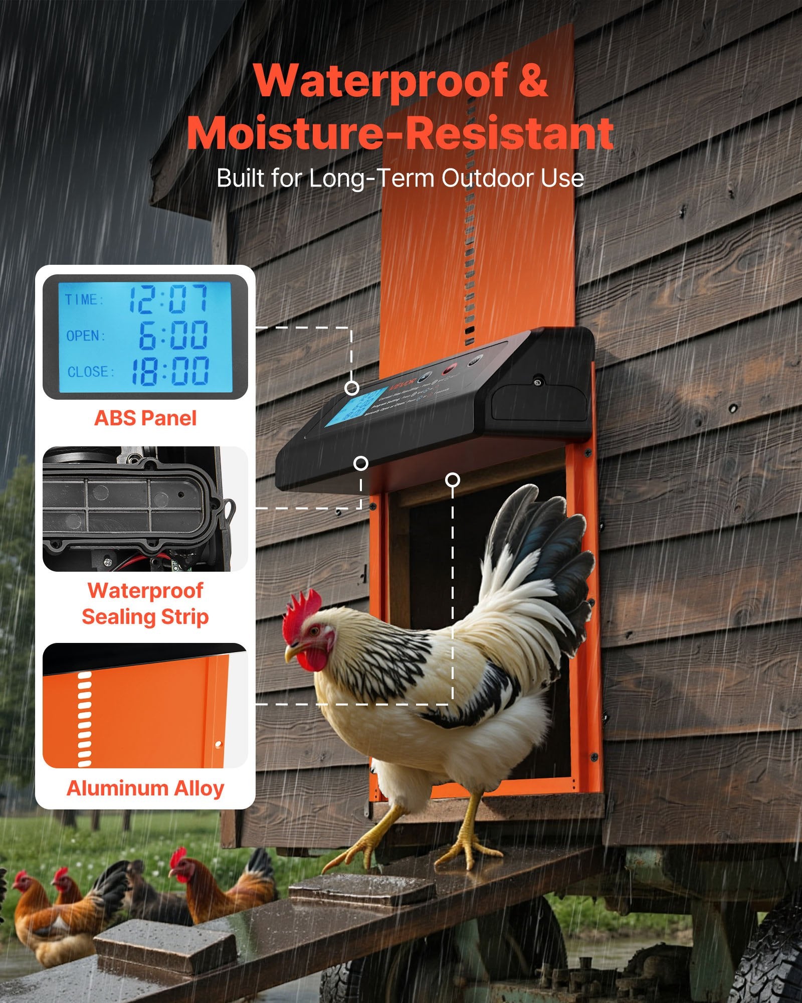 Automatic Chicken Coop Door, Battery Powered Chicken Coop Door with Timer & Manual Setting, Anti-Pinch Security, Durable Aluminum Alloy, Chick Run Gate Opener with Waterproof Sealing, Orange - Image 6