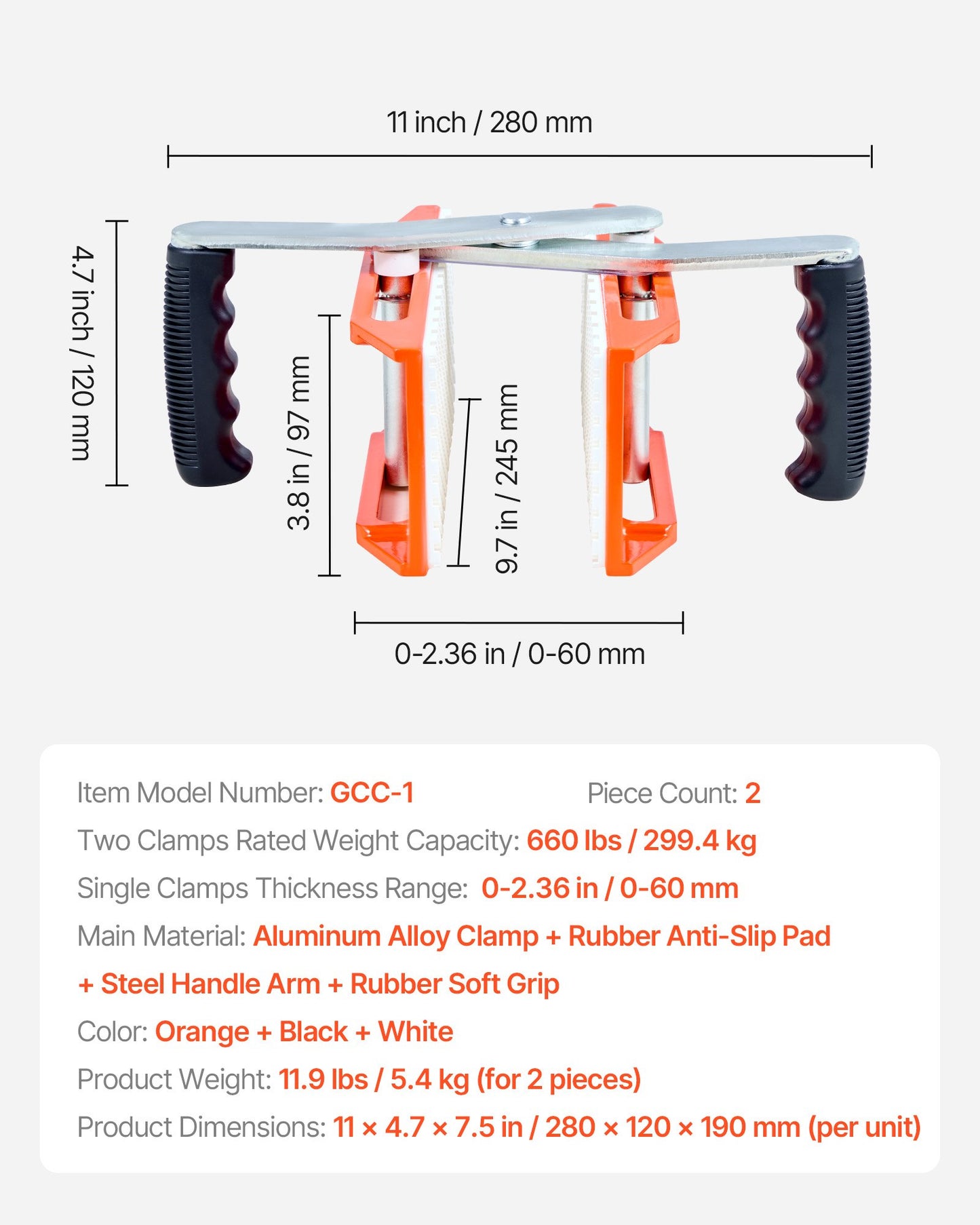 Double Handed Stone Carrying Clamps, 299 kg Load Capacity, 2 Pack Granite Panel Carriers Lifting Tools with Rubber-lined (0-60 mm), Heavy Duty lifting Clamps for Plywood, Glass, Granite - Image 7