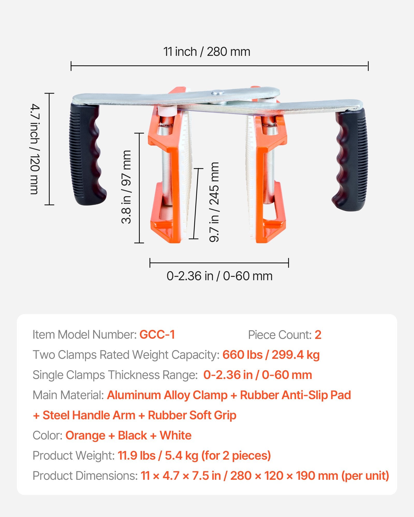 Double Handed Stone Carrying Clamps, 299 kg Load Capacity, 2 Pack Granite Panel Carriers Lifting Tools with Rubber-lined (0-60 mm), Heavy Duty lifting Clamps for Plywood, Glass, Granite - Image 7