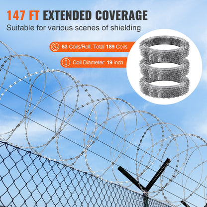 Razor Wire Razor Barbed Wire 147ft 3Rolls Razor Wire Fencing Double Spiral - Image 5