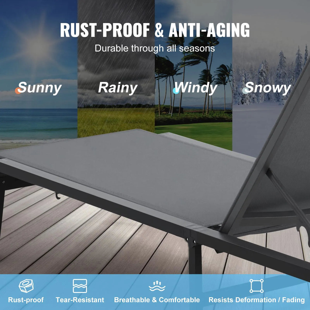Chaise Lounge Chair Outdoor, Aluminum Patio Lounge Chair with Adjustable 5-Position, Folding Pool Lounge Chair Recliner and Full Flat Tanning Chair for Patio, Beach, Pool, Dark Grey - Image 3