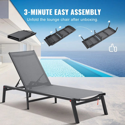 Chaise Lounge Chair Outdoor, Aluminum Patio Lounge Chair with Adjustable 5-Position, Folding Pool Lounge Chair Recliner and Full Flat Tanning Chair for Patio, Beach, Pool, Dark Grey - Image 4