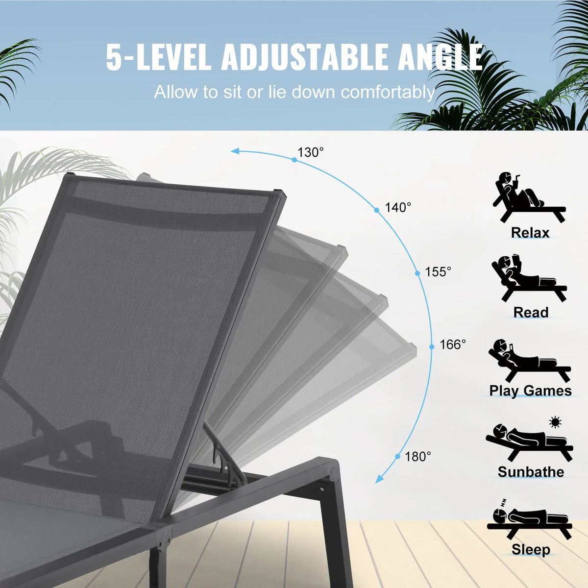 Chaise Lounge Chair Outdoor, Aluminum Patio Lounge Chair with Adjustable 5-Position, Folding Pool Lounge Chair Recliner and Full Flat Tanning Chair for Patio, Beach, Pool, Dark Grey - Image 5