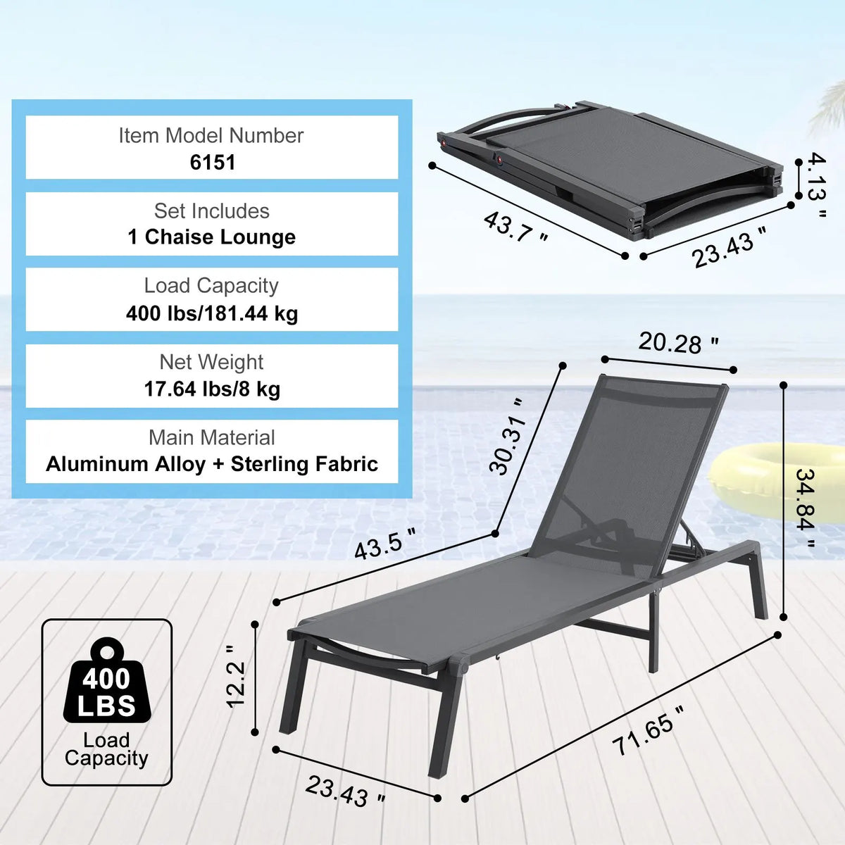 Chaise Lounge Chair Outdoor, Aluminum Patio Lounge Chair with Adjustable 5-Position, Folding Pool Lounge Chair Recliner and Full Flat Tanning Chair for Patio, Beach, Pool, Dark Grey - Image 7