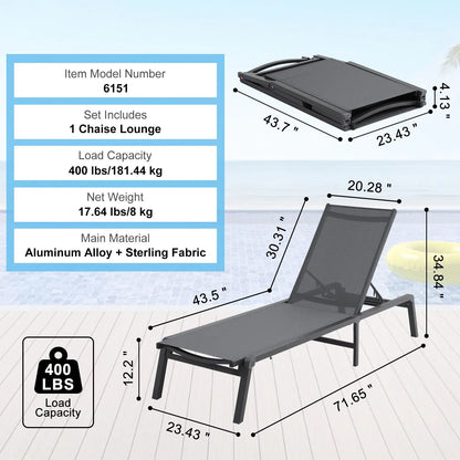 Chaise Lounge Chair Outdoor, Aluminum Patio Lounge Chair with Adjustable 5-Position, Folding Pool Lounge Chair Recliner and Full Flat Tanning Chair for Patio, Beach, Pool, Dark Grey - Image 7