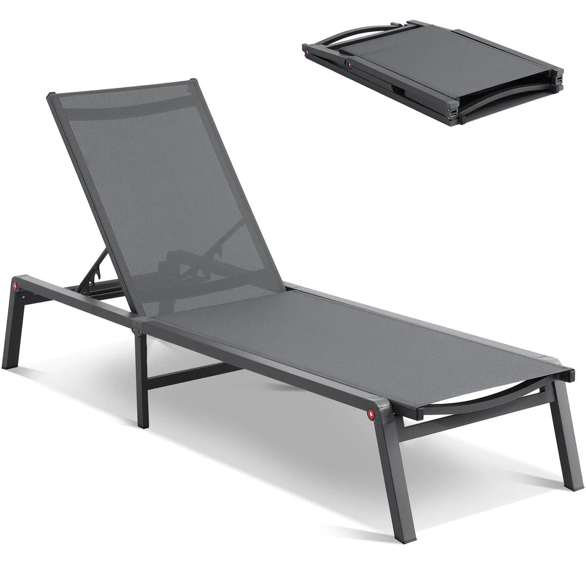 Chaise Lounge Chair Outdoor, Aluminum Patio Lounge Chair with Adjustable 5-Position, Folding Pool Lounge Chair Recliner and Full Flat Tanning Chair for Patio, Beach, Pool, Dark Grey - Image 9