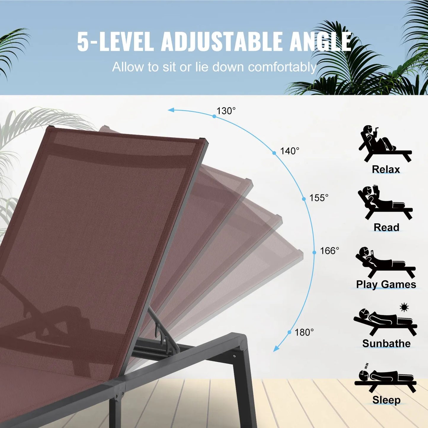 Chaise Lounge Chair Outdoor Patio Lounge Chair Adjustable 5-Position 2 pcs - Image 5
