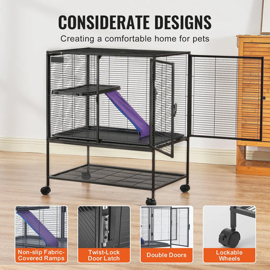 36" Metal Small Animal Cage 2-Tier Rolling Ferret Cage with Tray A Ramp - Image 6