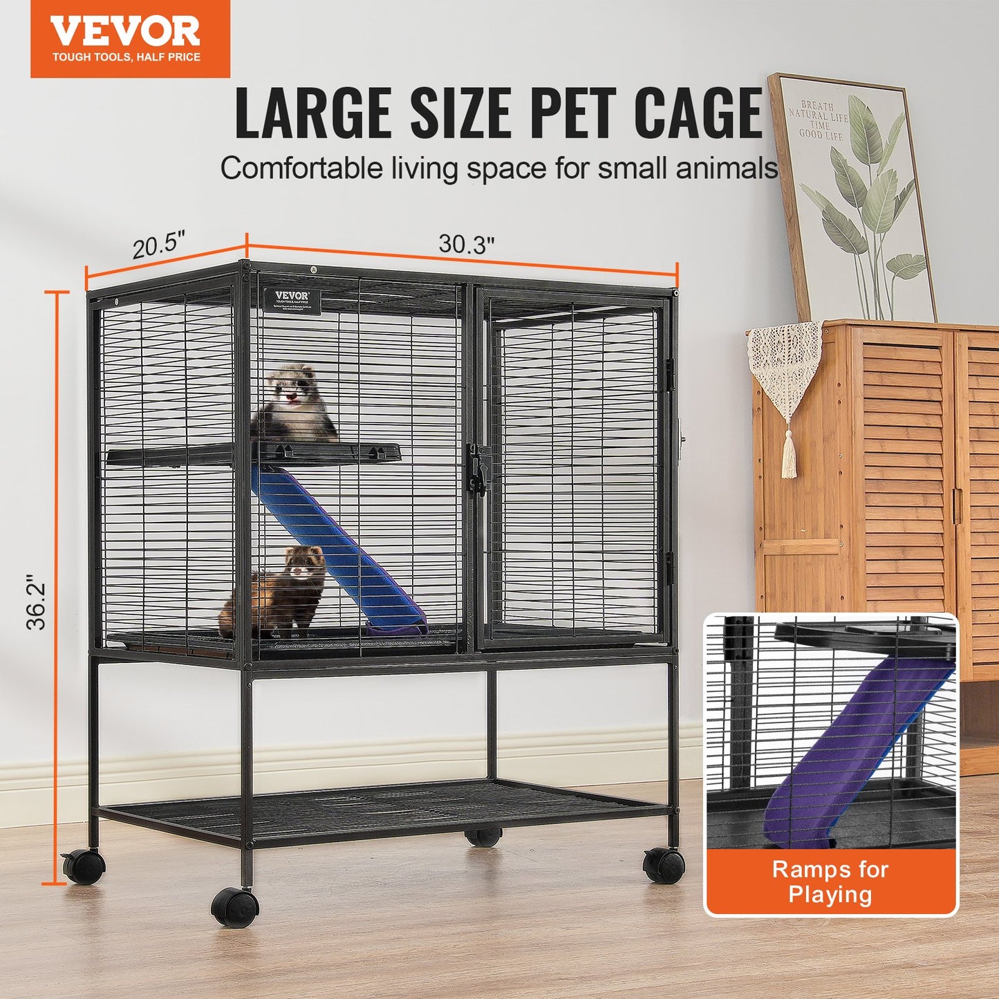 36" Metal Small Animal Cage 2-Tier Rolling Ferret Cage with Tray A Ramp - Image 2