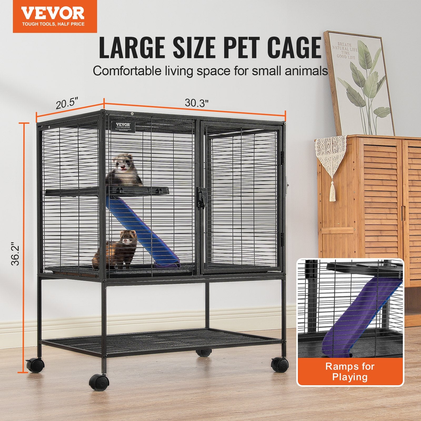 36" Metal Small Animal Cage 2-Tier Rolling Ferret Cage with Tray A Ramp - Image 2