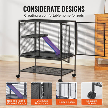 36" Metal Small Animal Cage 2-Tier Rolling Ferret Cage with Tray A Ramp - Image 6