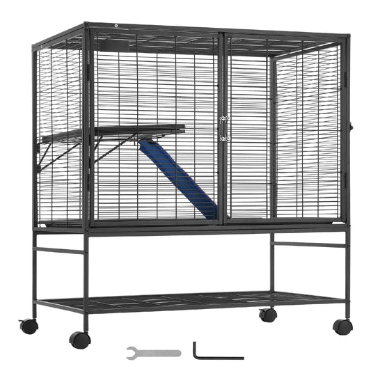 39" Metal Small Animal Cage 2-Tier Rolling Ferret Cage with Tray A Ramp