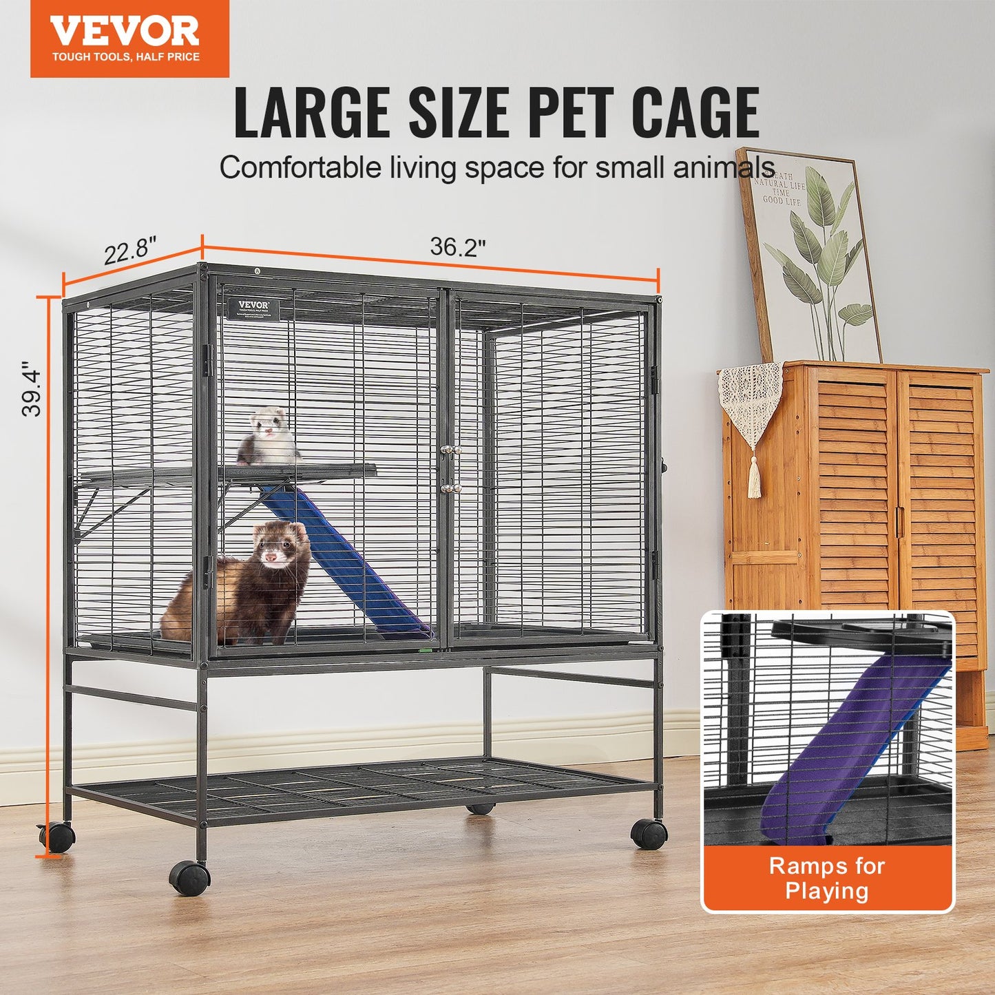 39" Metal Small Animal Cage 2-Tier Rolling Ferret Cage with Tray A Ramp - Image 2