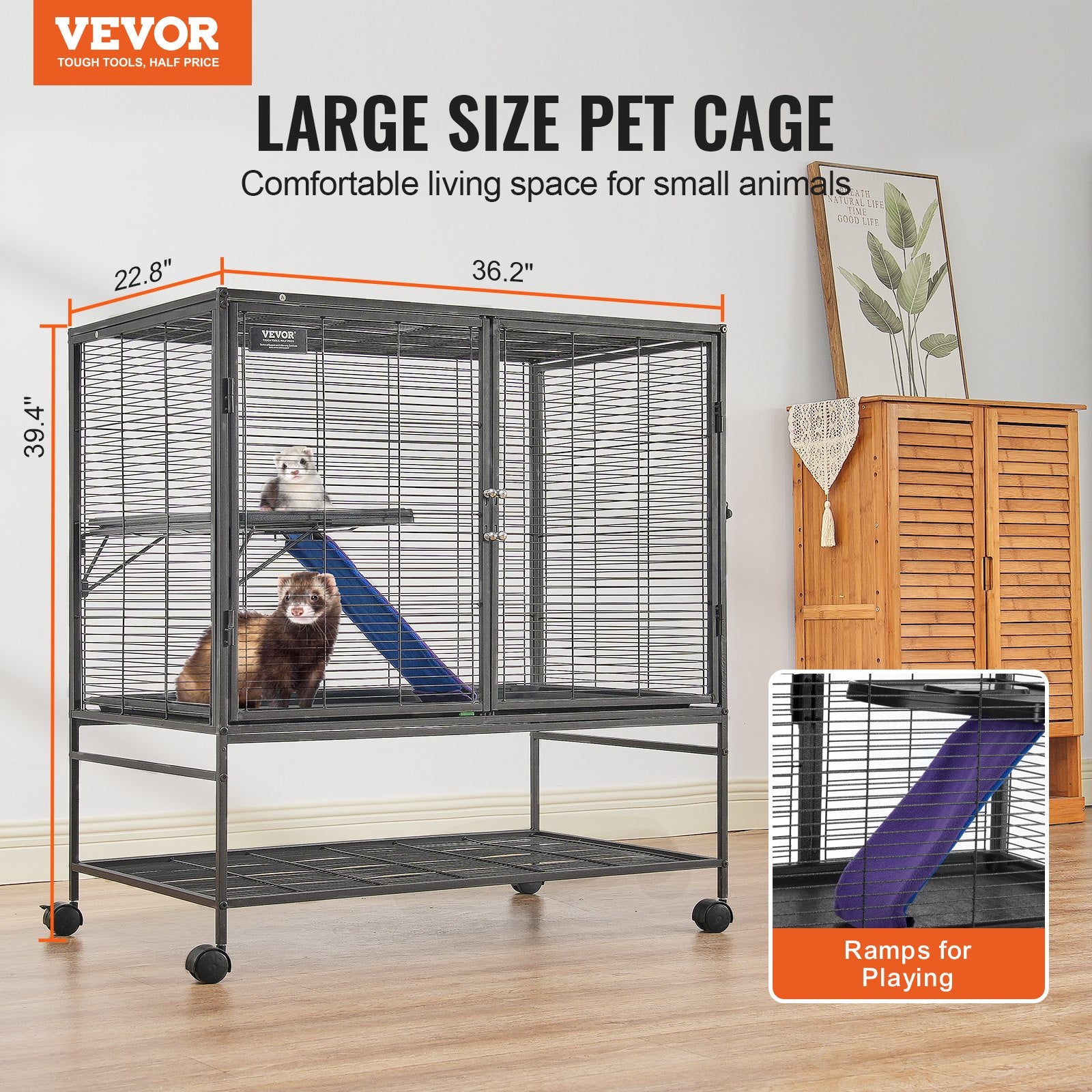 39" Metal Small Animal Cage 2-Tier Rolling Ferret Cage with Tray A Ramp - Image 2