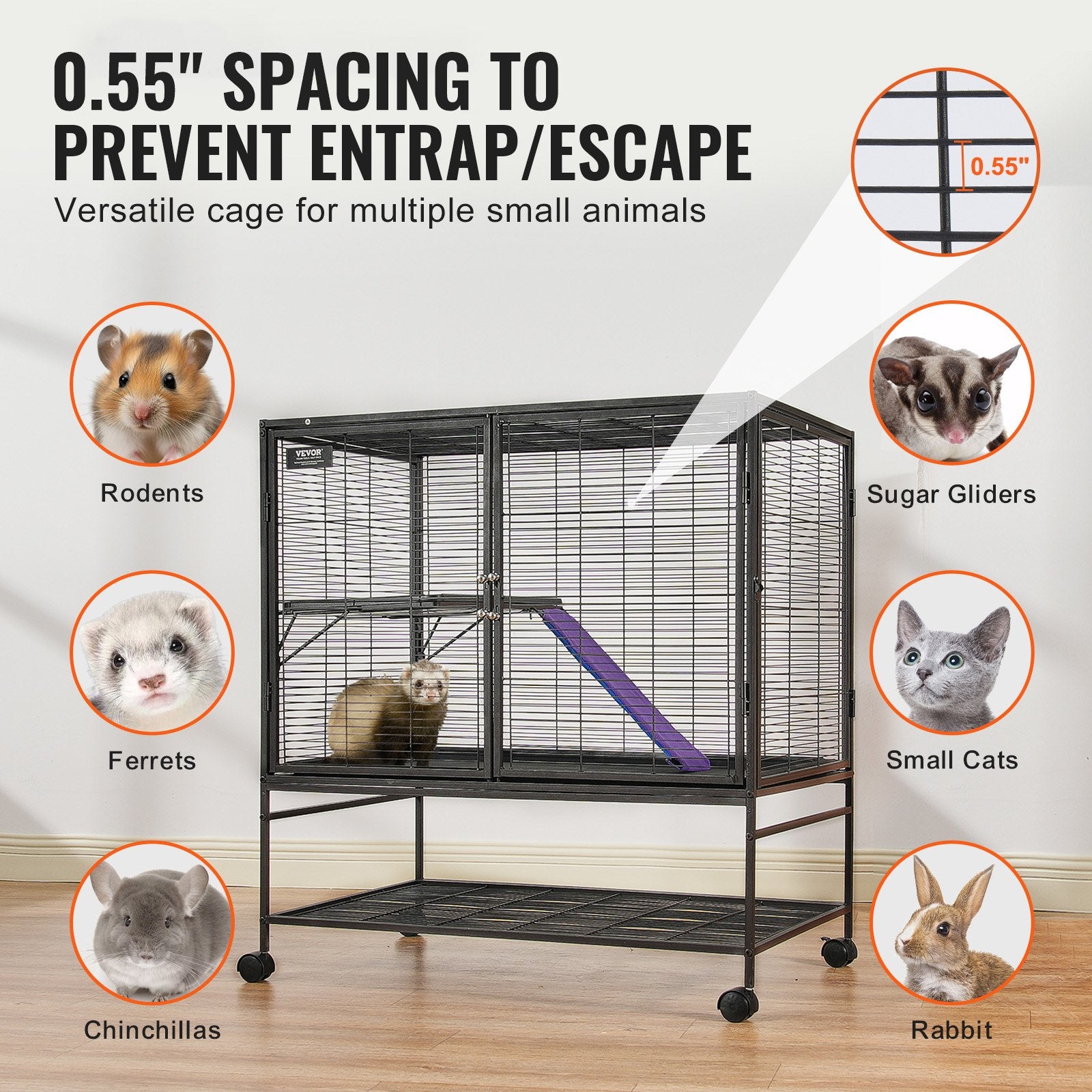 39" Metal Small Animal Cage 2-Tier Rolling Ferret Cage with Tray A Ramp - Image 3