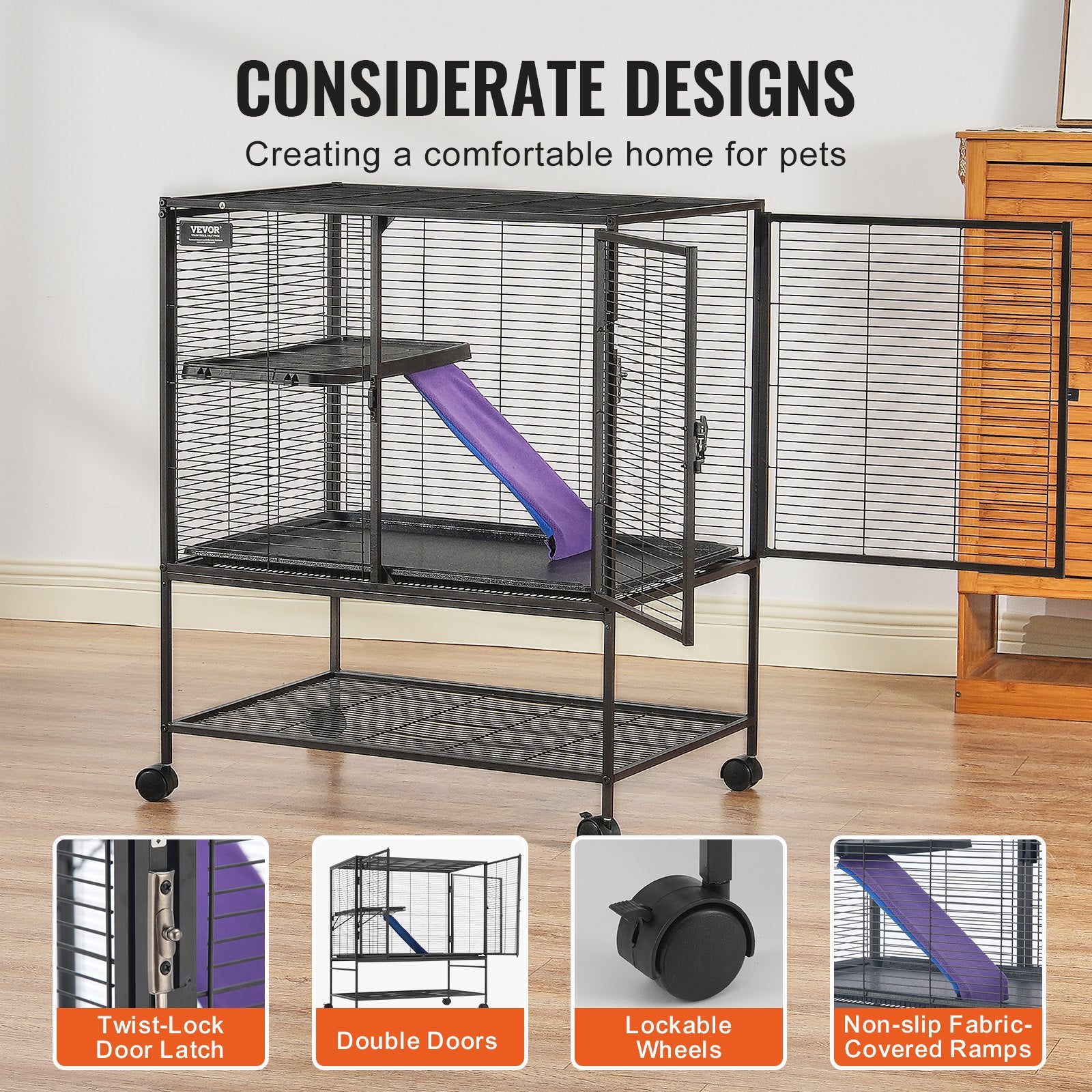 39" Metal Small Animal Cage 2-Tier Rolling Ferret Cage with Tray A Ramp - Image 6
