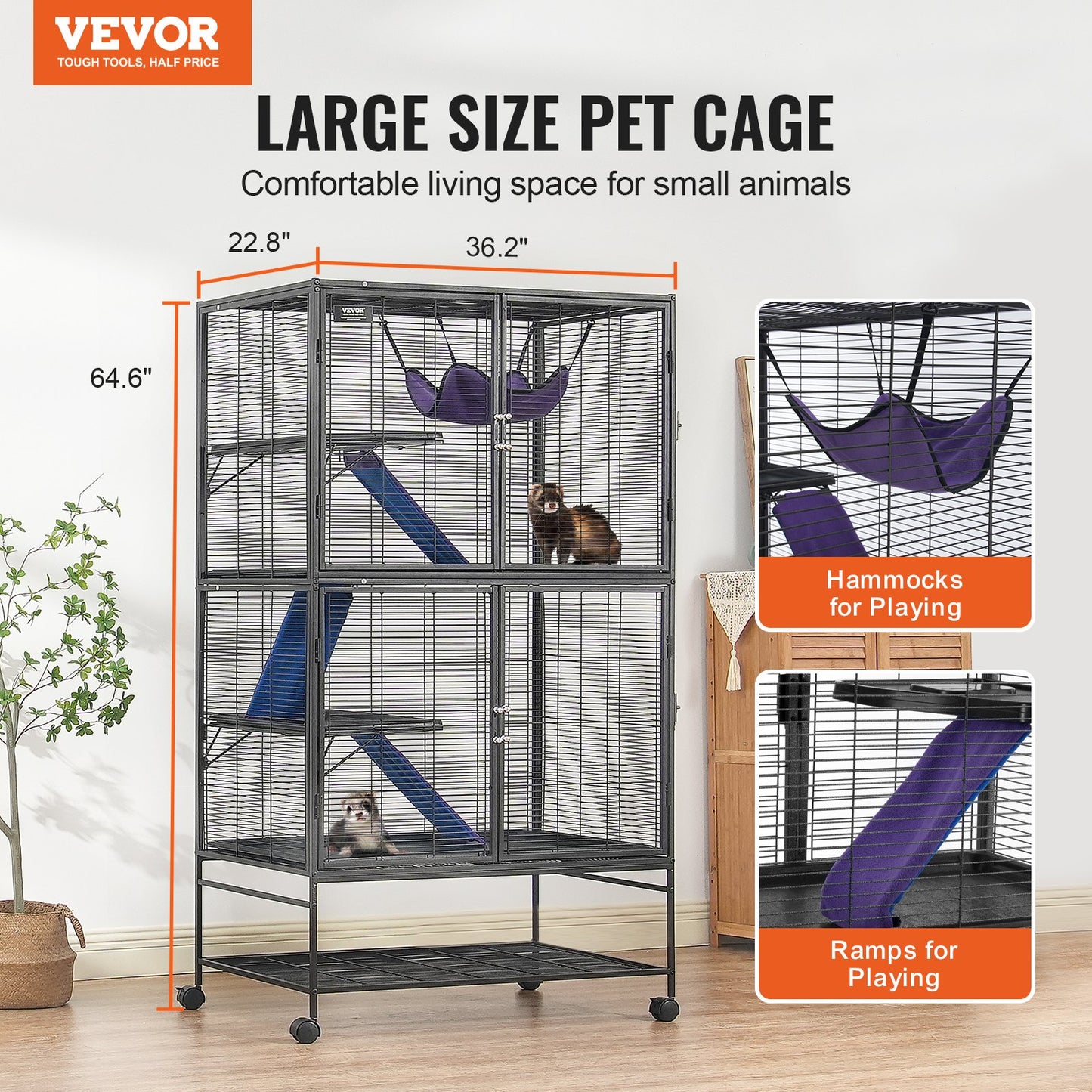 64.6" Metal Small Animal Cage 4-Tier Rolling Ferret Cage with Tray 3 Ramps - Image 2
