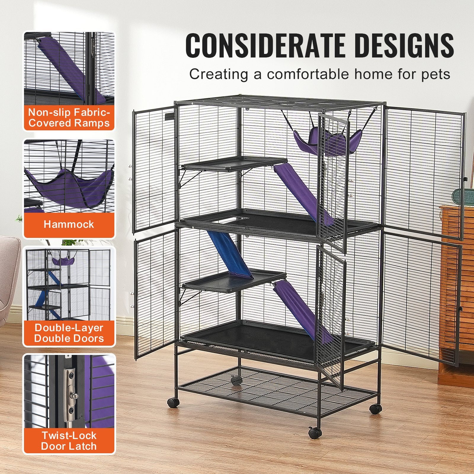 64.6" Metal Small Animal Cage 4-Tier Rolling Ferret Cage with Tray 3 Ramps - Image 6