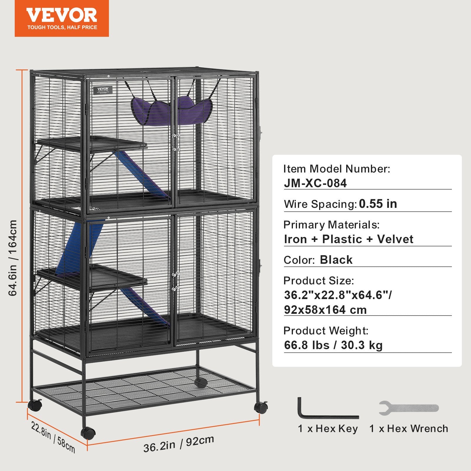64.6" Metal Small Animal Cage 4-Tier Rolling Ferret Cage with Tray 3 Ramps - Image 7
