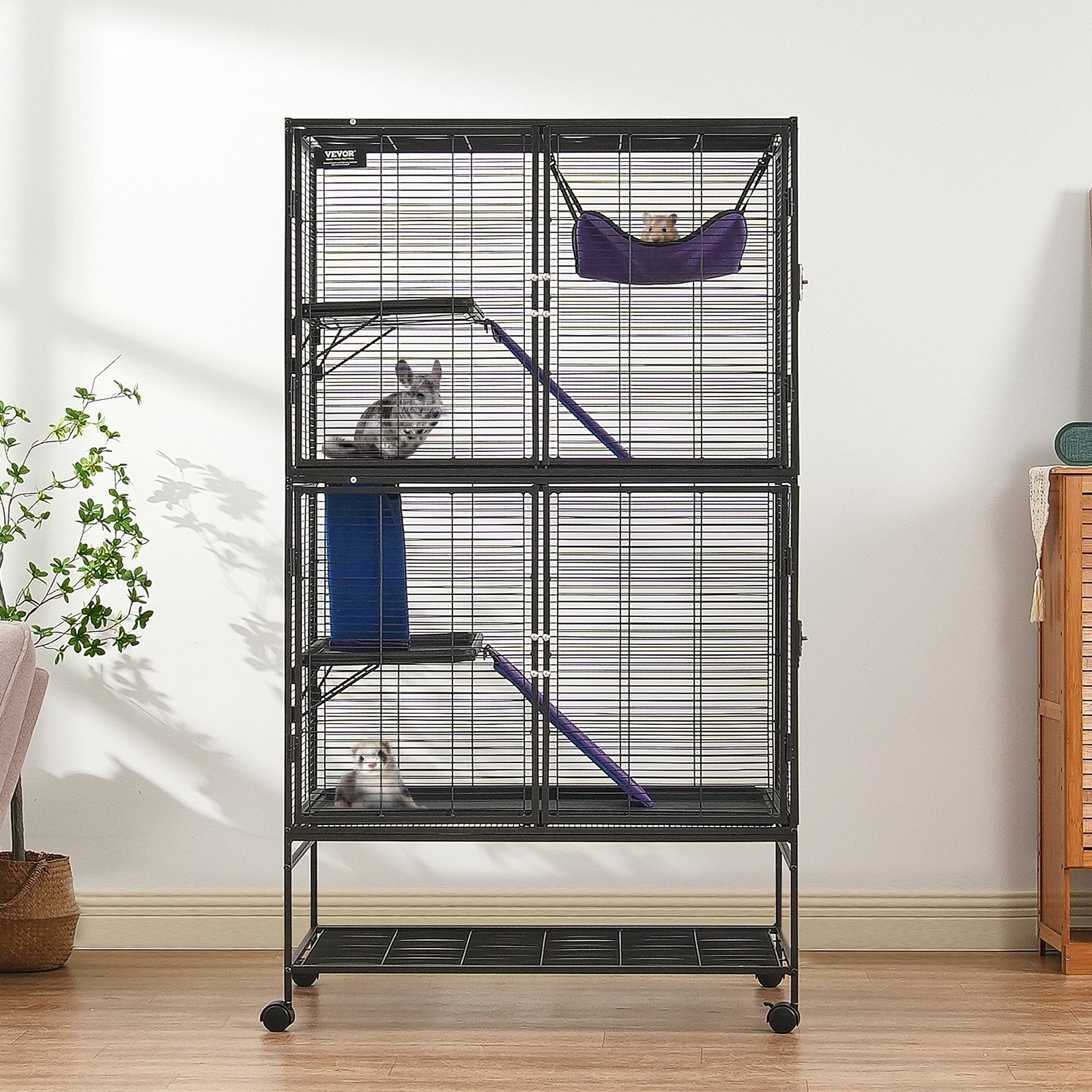 64.6" Metal Small Animal Cage 4-Tier Rolling Ferret Cage with Tray 3 Ramps - Image 8