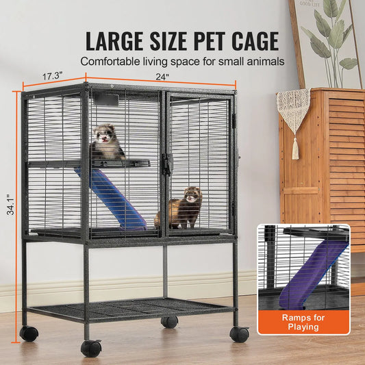 34" Metal Small Animal Cage 2-Tier Rolling Ferret Cage with Tray A Ramp - Image 2