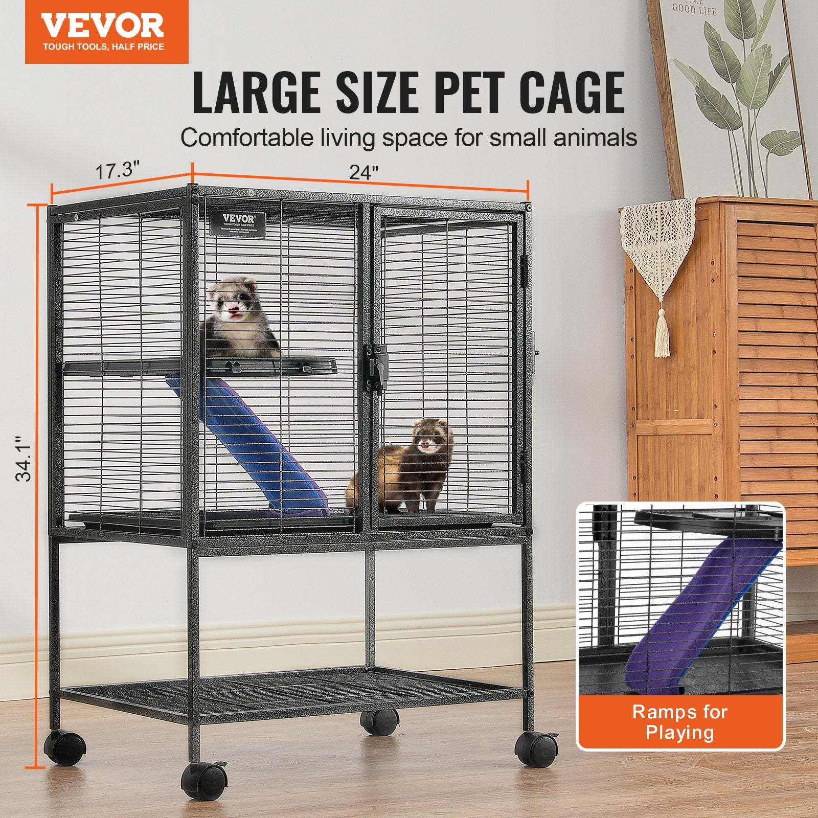 34" Metal Small Animal Cage 2-Tier Rolling Ferret Cage with Tray A Ramp - Image 2