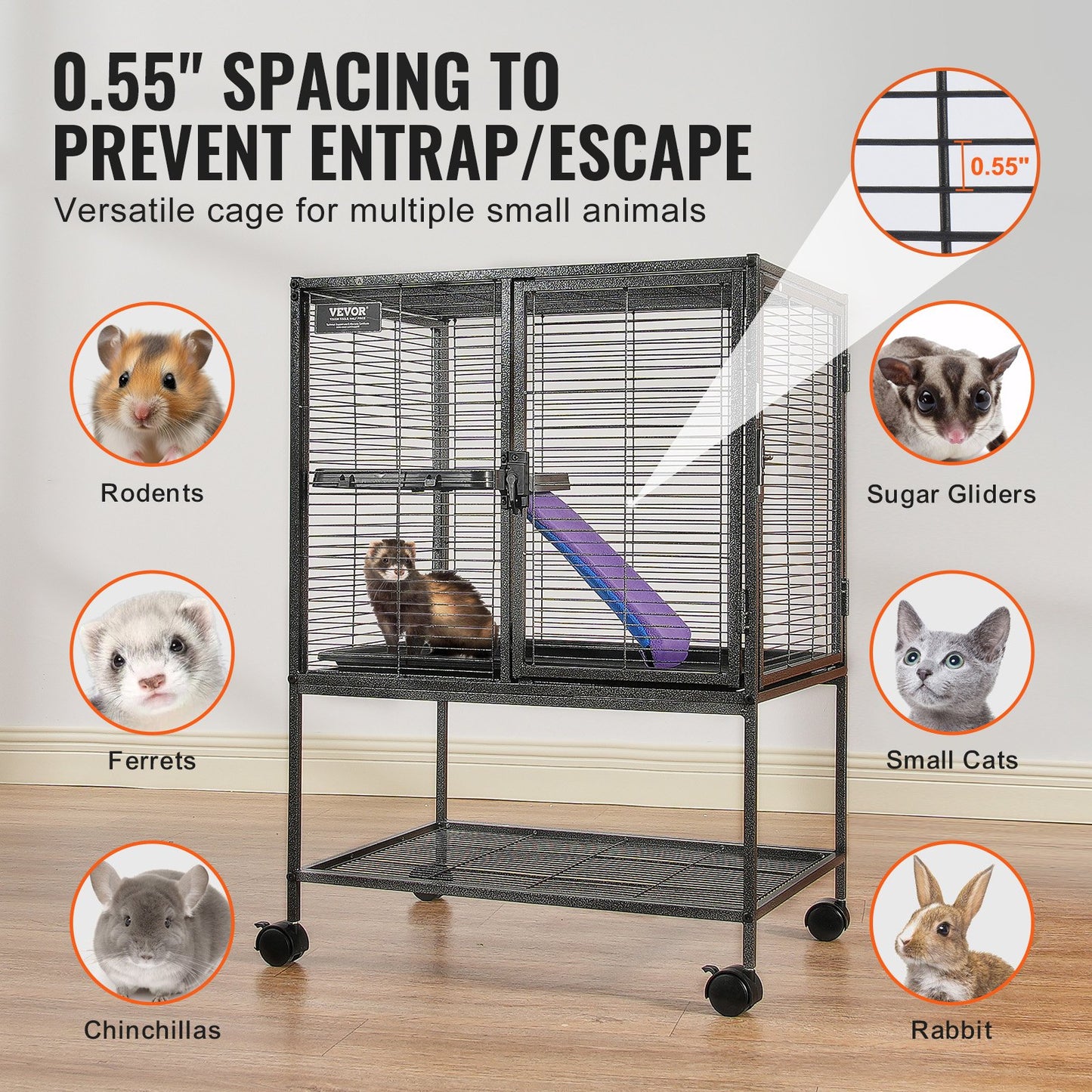 34" Metal Small Animal Cage 2-Tier Rolling Ferret Cage with Tray A Ramp - Image 3