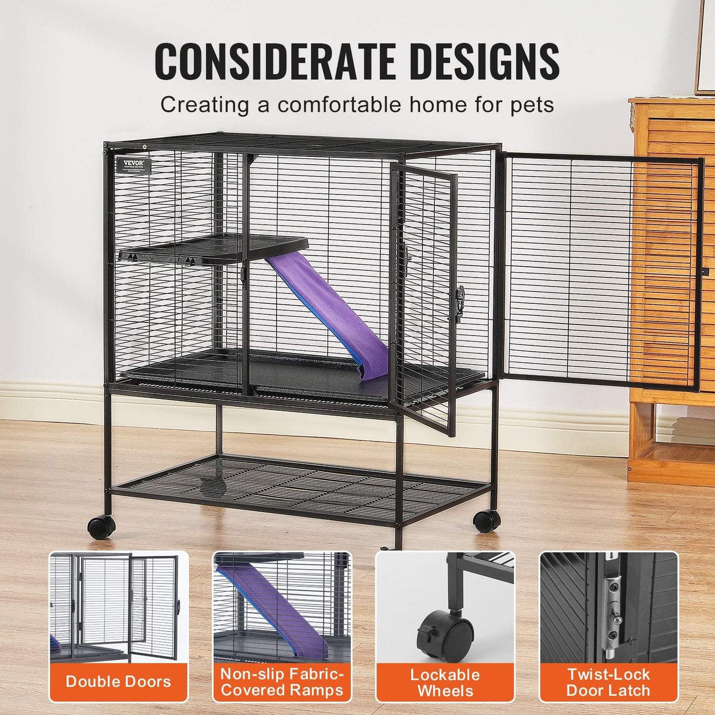 34" Metal Small Animal Cage 2-Tier Rolling Ferret Cage with Tray A Ramp - Image 6
