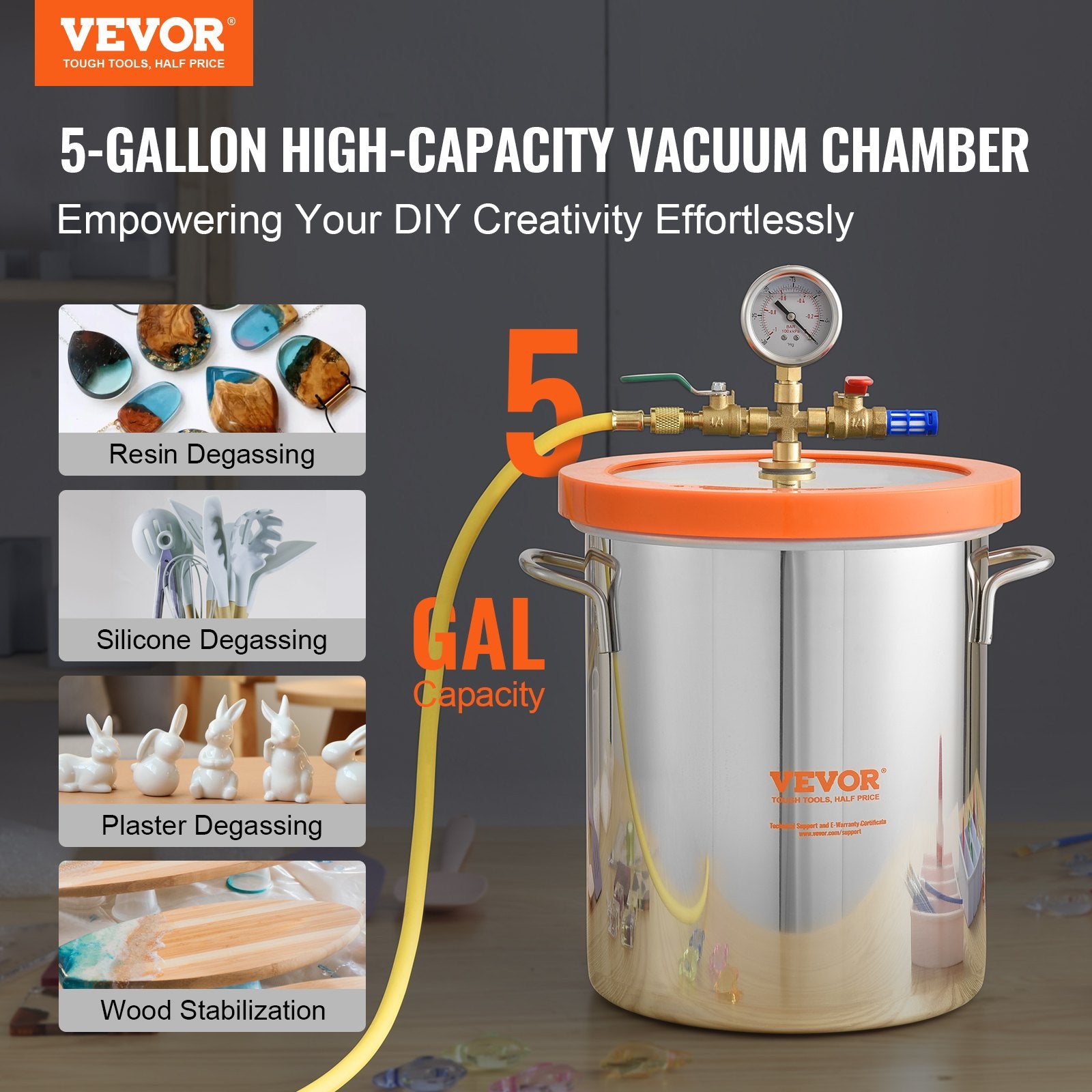 5 Gallon Vacuum Chamber, Upgraded Tempered Glass Lid Vacuum Degassing Chamber, 304 Stainless Steel Chamber, for Stabilizing Wood, Resin Degassing, Silicone Degassing and Plaster Degassing - Image 2