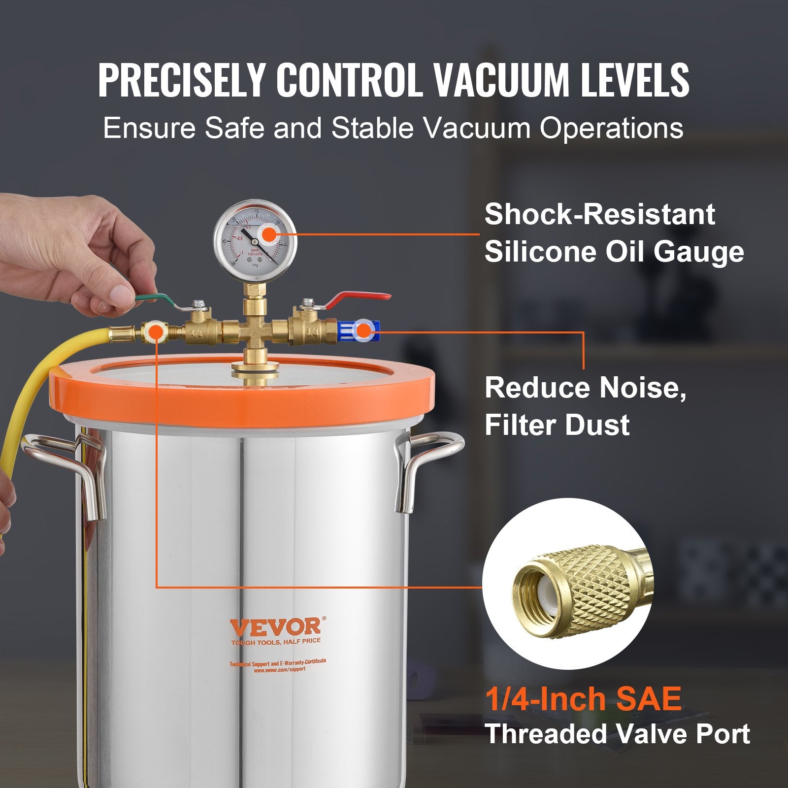 5 Gallon Vacuum Chamber, Upgraded Tempered Glass Lid Vacuum Degassing Chamber, 304 Stainless Steel Chamber, for Stabilizing Wood, Resin Degassing, Silicone Degassing and Plaster Degassing - Image 6