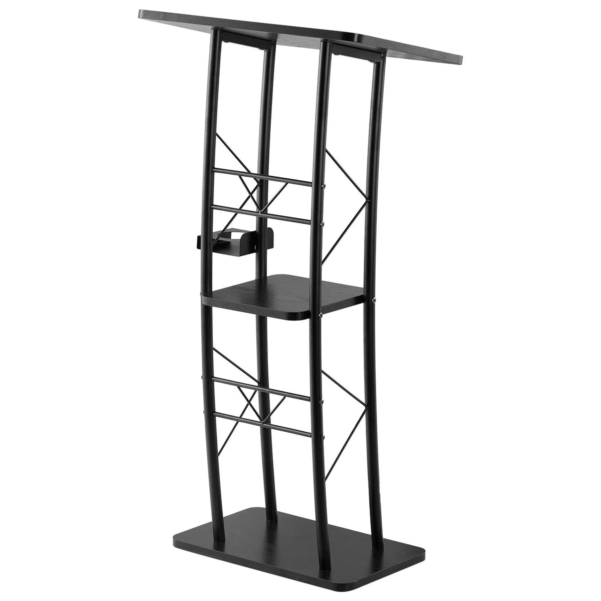 Podium Stand, 1180 mm Metal Lectern, Curved Standing Podium with Wide Reading Surface, Open Storage Compartment, Book Stopper, Cup Holder, for Classroom, Wedding, Conference, Speech, Concert