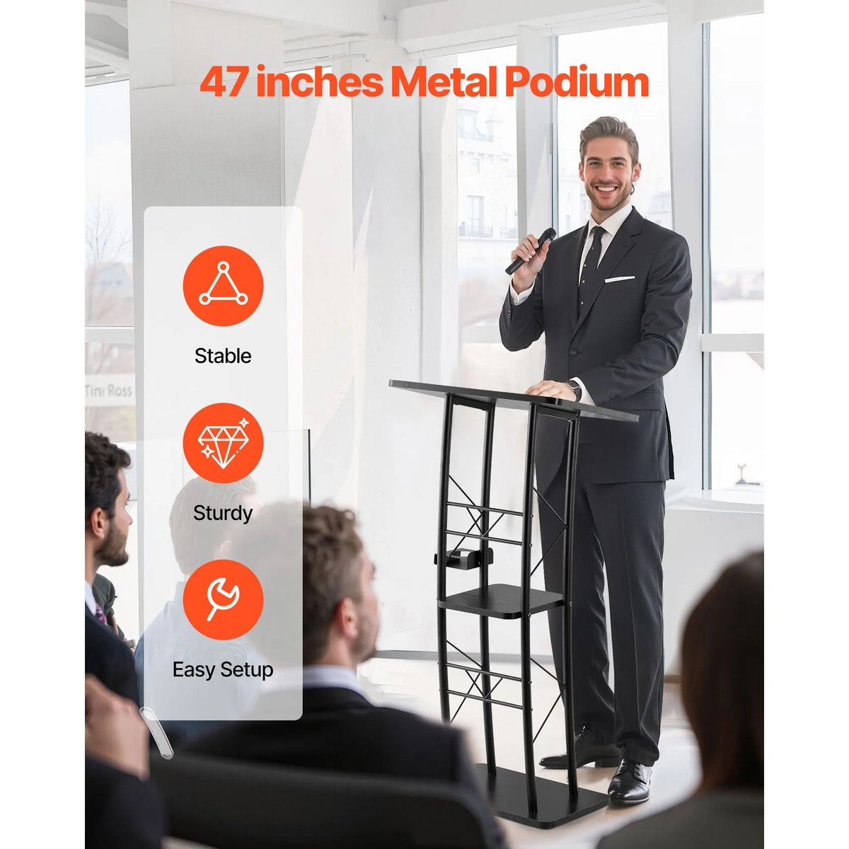 Podium Stand, 1180 mm Metal Lectern, Curved Standing Podium with Wide Reading Surface, Open Storage Compartment, Book Stopper, Cup Holder, for Classroom, Wedding, Conference, Speech, Concert - Image 2