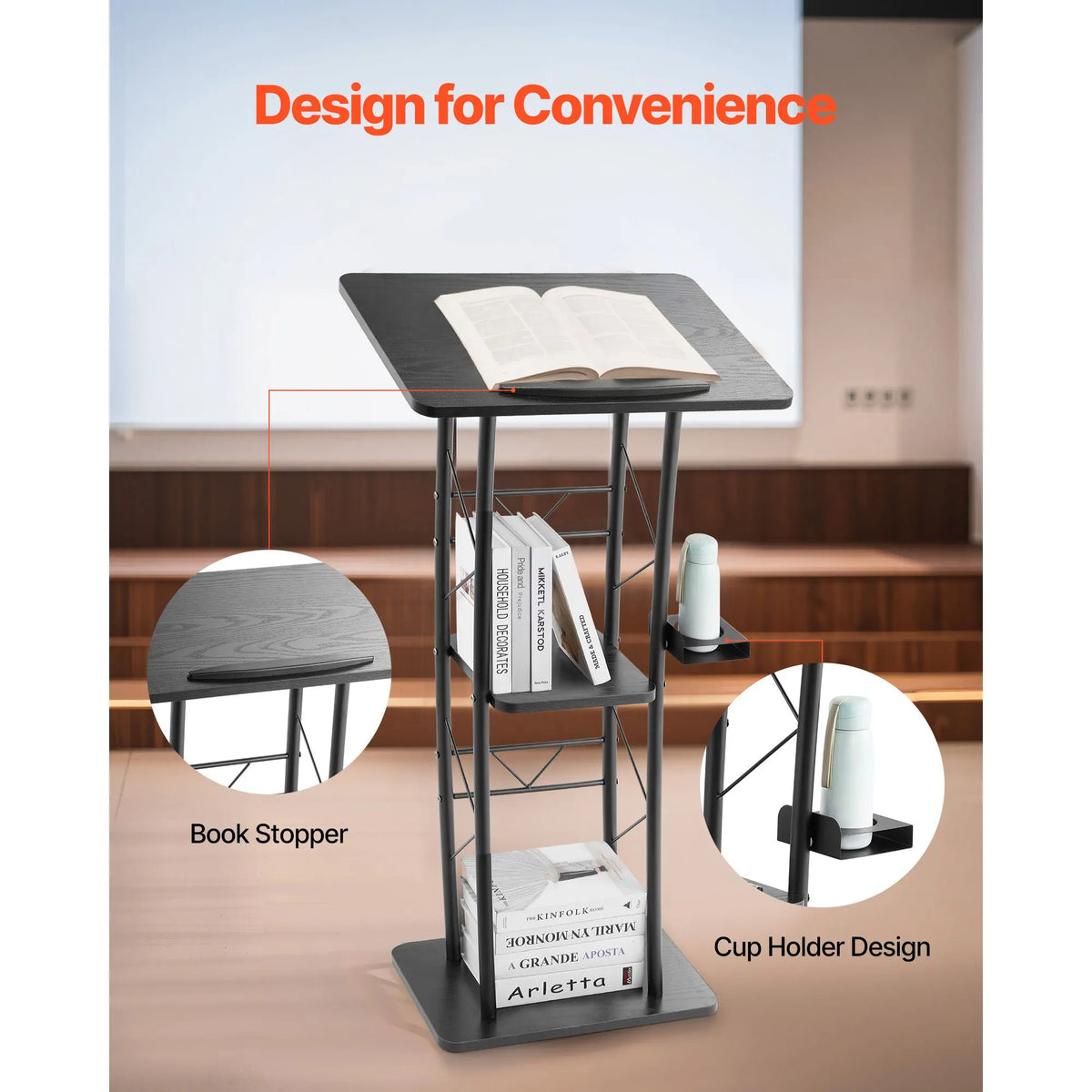 Podium Stand, 1180 mm Metal Lectern, Curved Standing Podium with Wide Reading Surface, Open Storage Compartment, Book Stopper, Cup Holder, for Classroom, Wedding, Conference, Speech, Concert - Image 3