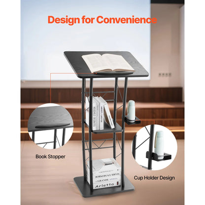 Podium Stand, 1180 mm Metal Lectern, Curved Standing Podium with Wide Reading Surface, Open Storage Compartment, Book Stopper, Cup Holder, for Classroom, Wedding, Conference, Speech, Concert - Image 3