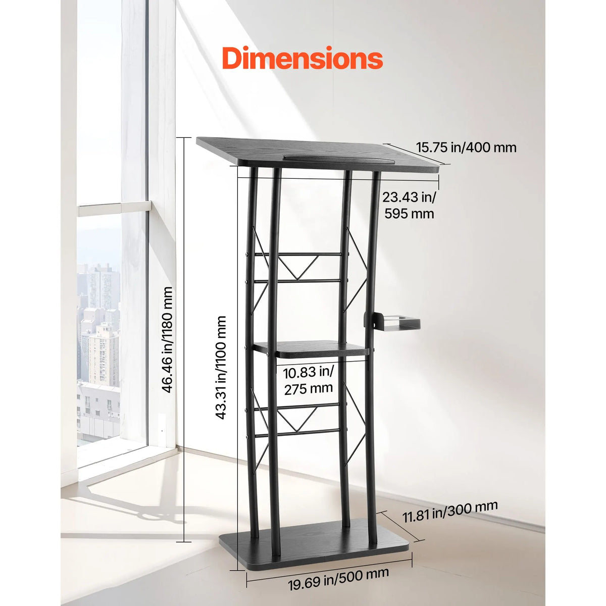 Podium Stand, 1180 mm Metal Lectern, Curved Standing Podium with Wide Reading Surface, Open Storage Compartment, Book Stopper, Cup Holder, for Classroom, Wedding, Conference, Speech, Concert - Image 4
