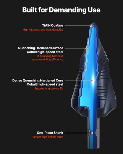 Step Drill Bit, 4.76 to 34.93 mm, 9.53 mm Triangular Shank, TiAlN Coating Cobalt High Speed Steel, Four Spiral Flute Step Bit for Metal, Stainless Steel, Aluminum, Wood, Plastic, Fiberglass - Image 3
