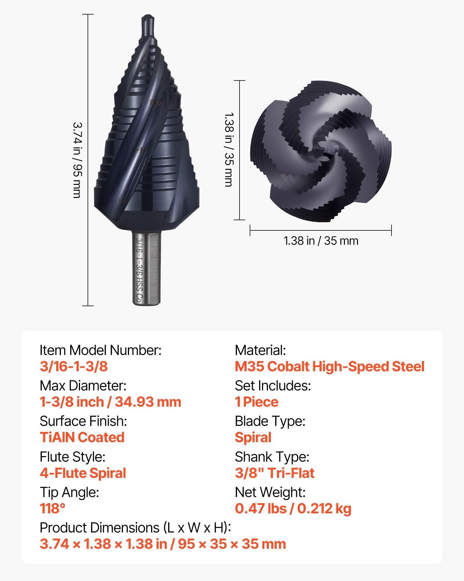 Step Drill Bit, 4.76 to 34.93 mm, 9.53 mm Triangular Shank, TiAlN Coating Cobalt High Speed Steel, Four Spiral Flute Step Bit for Metal, Stainless Steel, Aluminum, Wood, Plastic, Fiberglass - Image 7