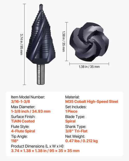 Step Drill Bit, 4.76 to 34.93 mm, 9.53 mm Triangular Shank, TiAlN Coating Cobalt High Speed Steel, Four Spiral Flute Step Bit for Metal, Stainless Steel, Aluminum, Wood, Plastic, Fiberglass - Image 7