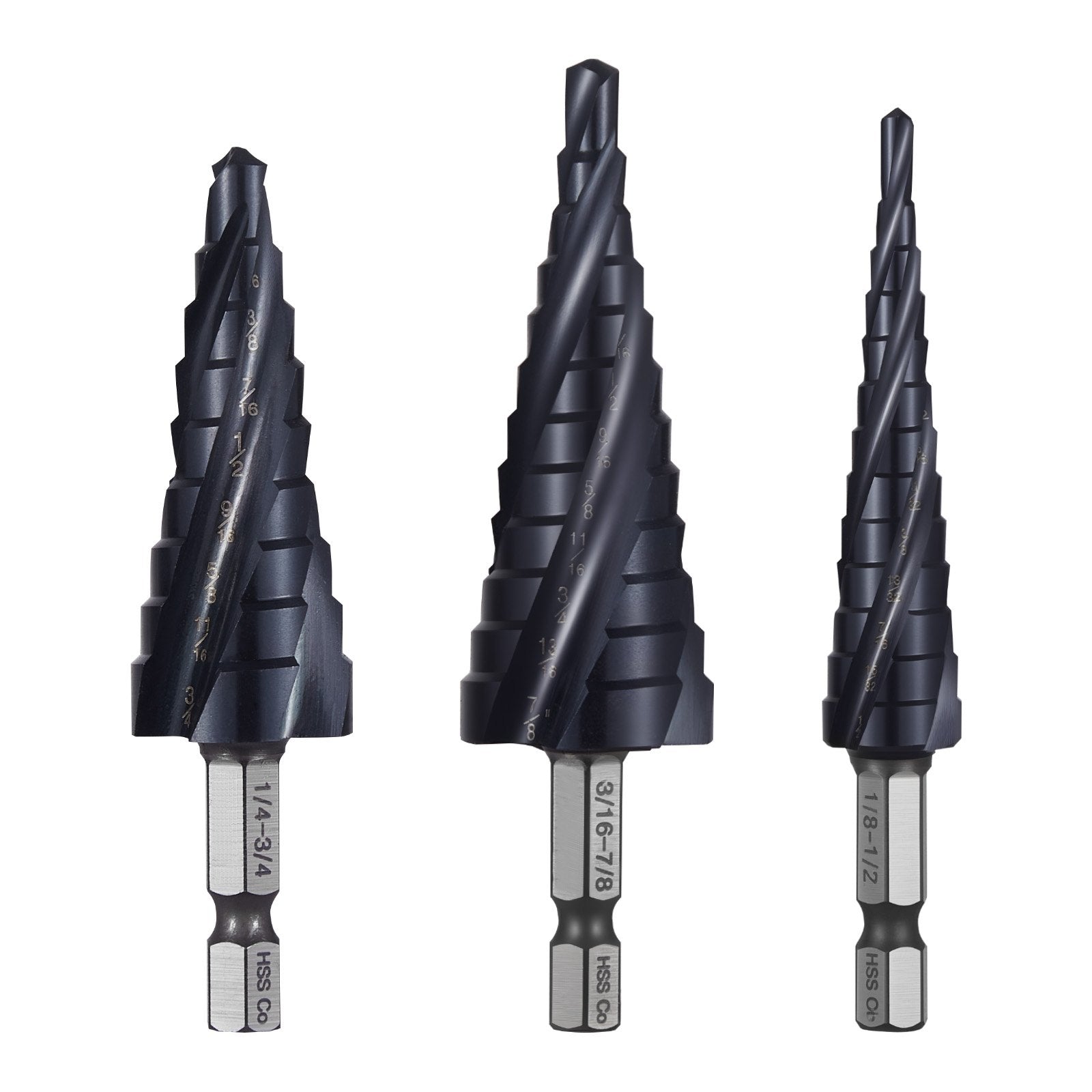 Step Drill Bit Set, 3.2 - 22.2 mm, 3 Pieces Step Drill Bits, 6.35 mm Hex Shank, TiAlN Coating Cobalt HSS High Speed Steel, for Metal, Stainless Steel, Aluminum, Wood, Plastic, Fiberglass