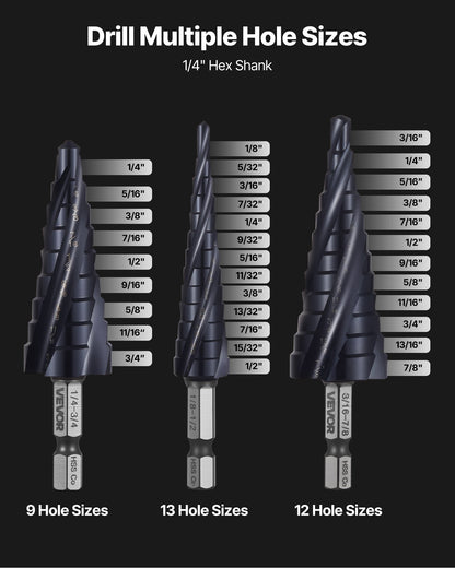 Step Drill Bit Set, 3.2 - 22.2 mm, 3 Pieces Step Drill Bits, 6.35 mm Hex Shank, TiAlN Coating Cobalt HSS High Speed Steel, for Metal, Stainless Steel, Aluminum, Wood, Plastic, Fiberglass - Image 2