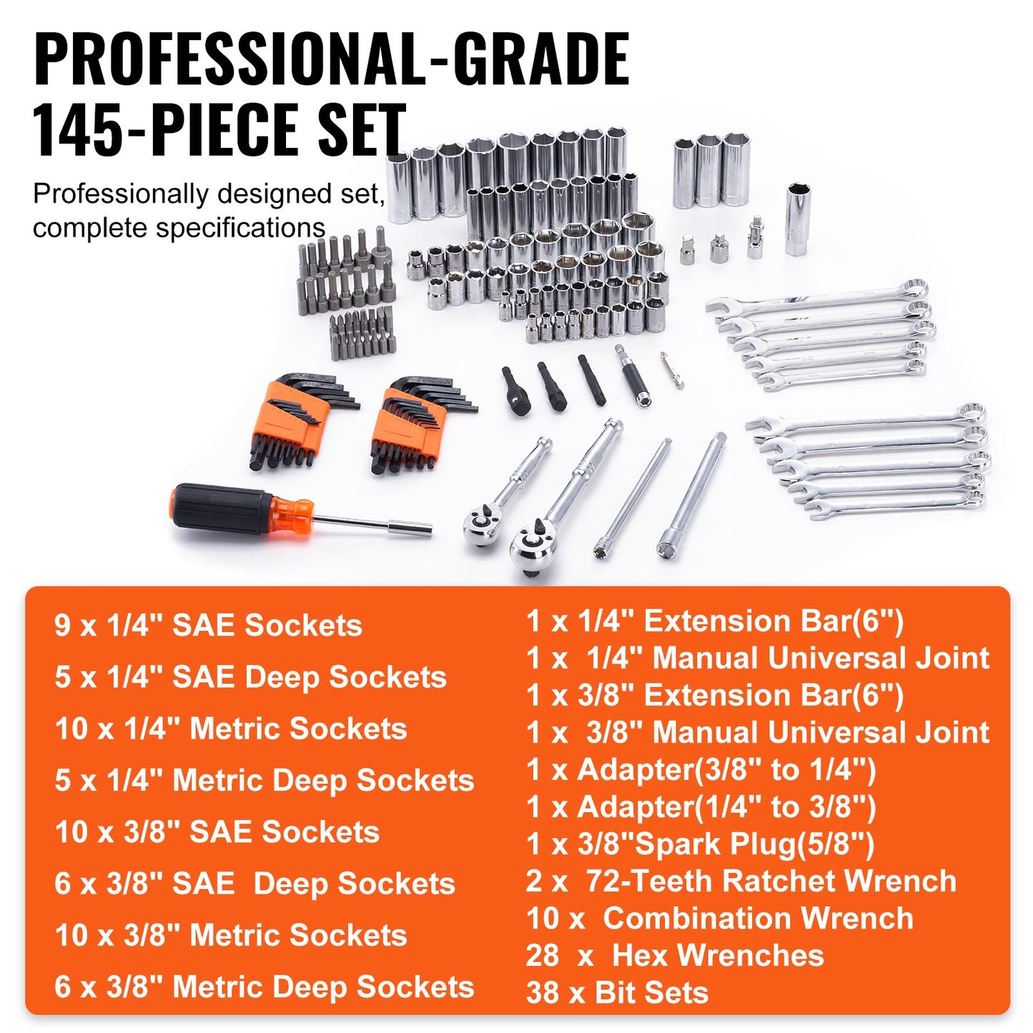 Mechanics Tool Set and Socket Set 1/4in 3/8in Drive 145 Pcs SAE and Metric - Image 3