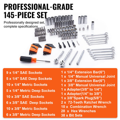 Mechanics Tool Set and Socket Set 1/4in 3/8in Drive 145 Pcs SAE and Metric - Image 3