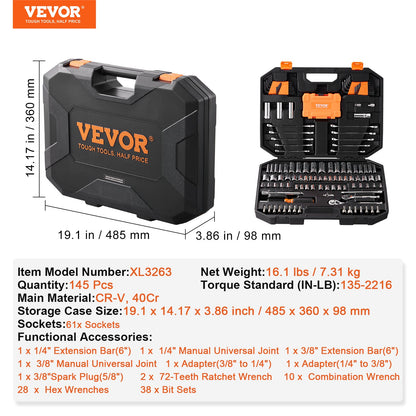 Mechanics Tool Set and Socket Set 1/4in 3/8in Drive 145 Pcs SAE and Metric - Image 7