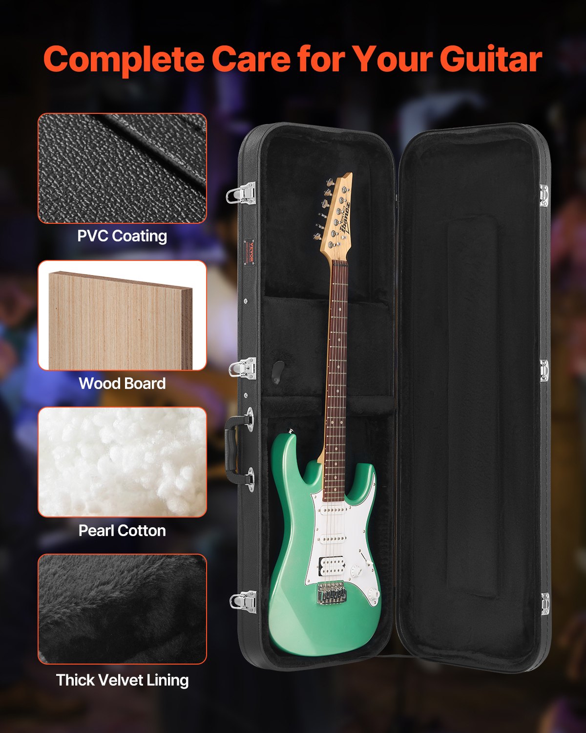 Electric Guitar Hard Case, 1095 mm Rectangular Guitar Hard Case, With Lock Latch Keys Handle, PVC Padding Soft Lining Water-Resistant Hard Shell Guitar Cases, for 990 mm Electric Guitars, Black - Image 4