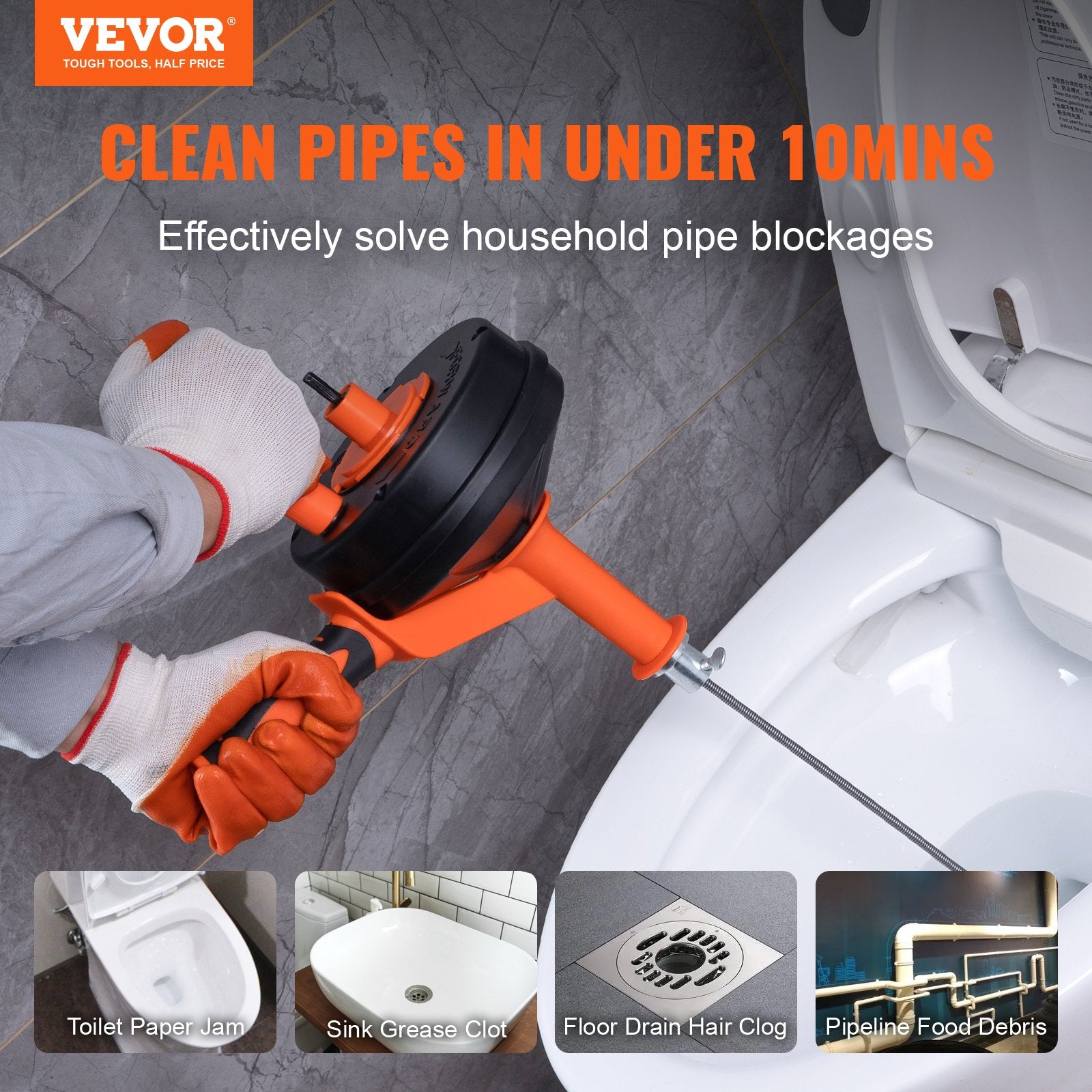 Drain Auger 25ft 1/4in Drum Plumbing Drain Snake Clog Remover Manual-feed - Image 2