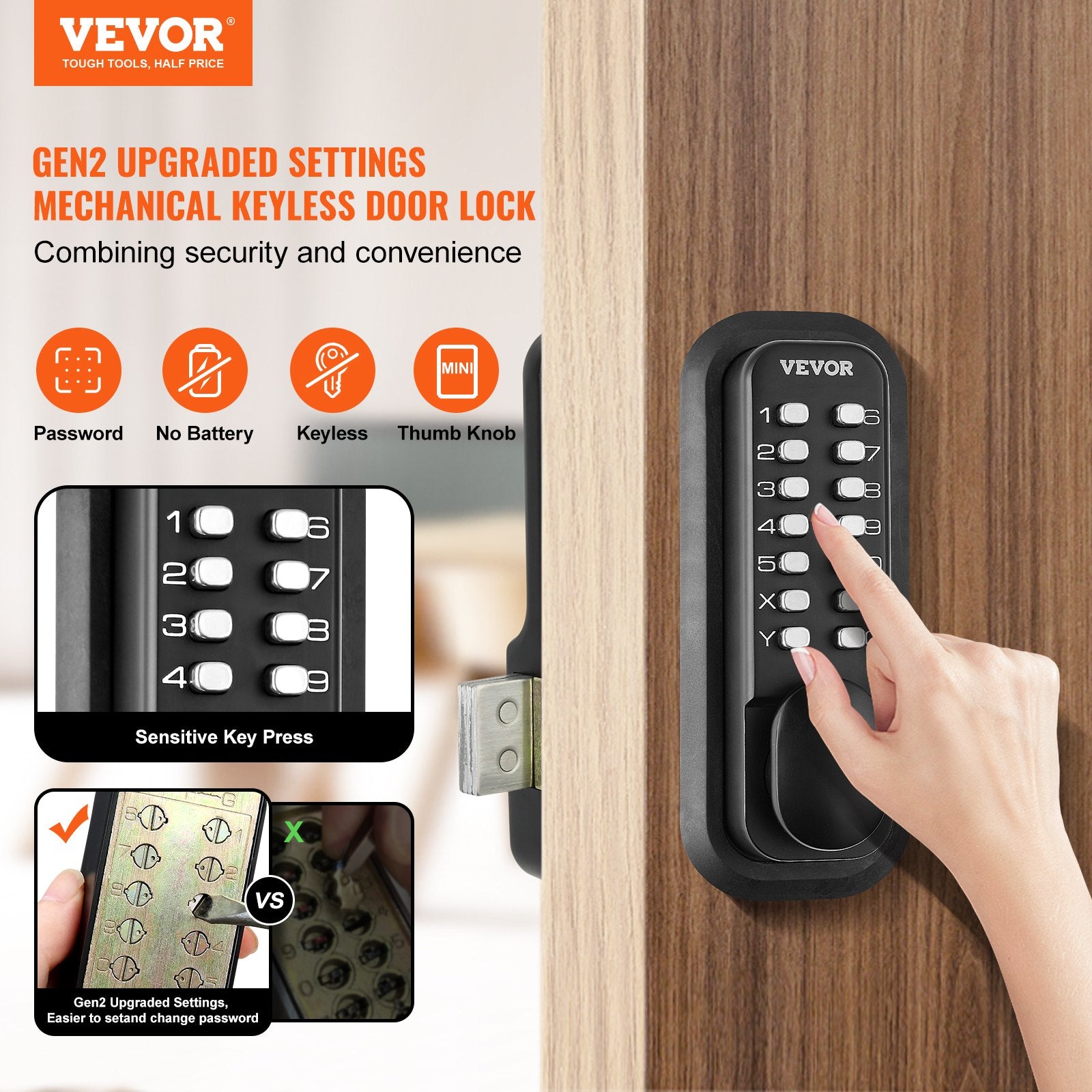 Mechanical Keyless Entry Door Lock, 14 Digit Keypad, Water-proof Zinc Alloy, Outdoor Gate Door Locks Set with Surface-mounted Latch, Keypad and Knob, Easy to Install, for Garden, Garage, Yard - Image 2