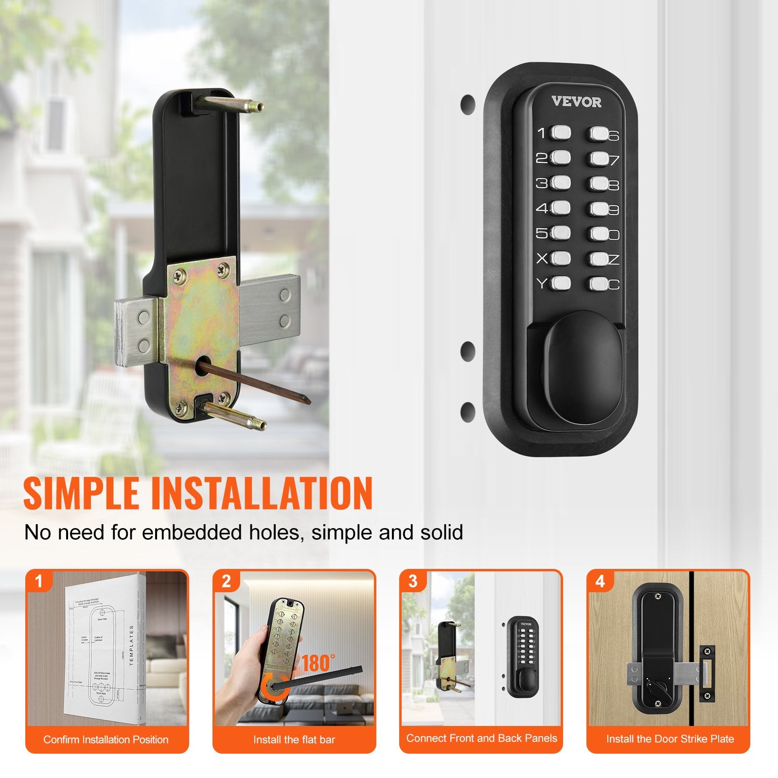 Mechanical Keyless Entry Door Lock, 14 Digit Keypad, Water-proof Zinc Alloy, Outdoor Gate Door Locks Set with Surface-mounted Latch, Keypad and Knob, Easy to Install, for Garden, Garage, Yard - Image 5