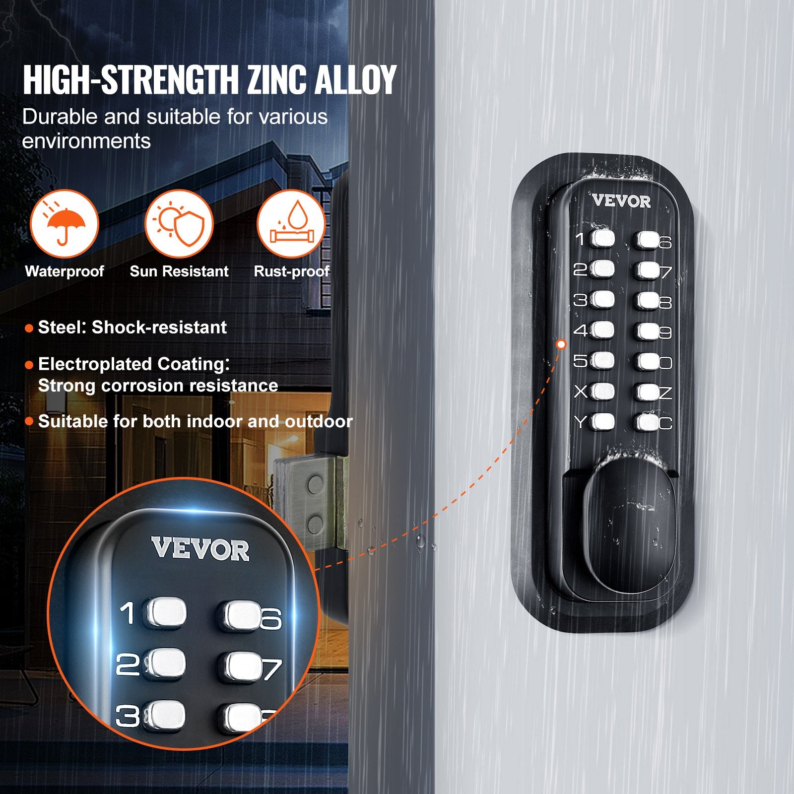 Mechanical Keyless Entry Door Lock, 14 Digit Keypad, Water-proof Zinc Alloy, Outdoor Gate Door Locks Set with Surface-mounted Latch, Keypad and Knob, Easy to Install, for Garden, Garage, Yard - Image 6